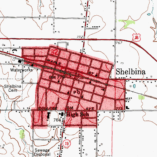 Topographic Map of City of Shelbina, MO