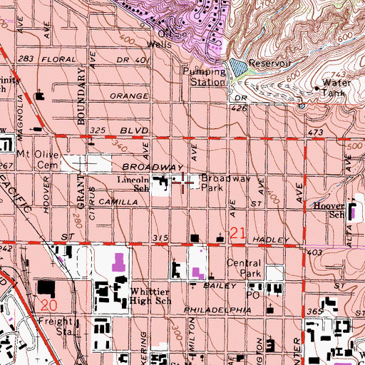 Topographic Map of Broadway Park, CA