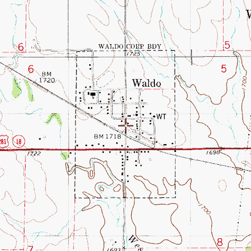 Topographic Map of City of Waldo, KS