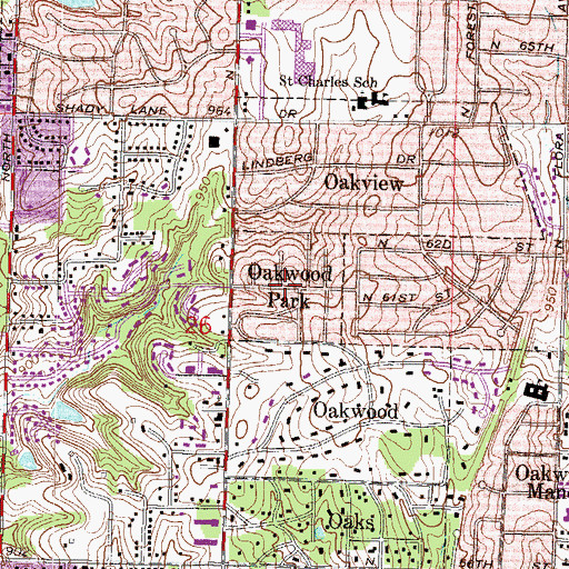 Topographic Map of Village of Oakwood Park, MO