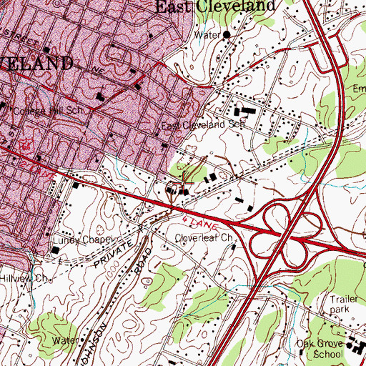 Topographic Map of East Cleveland Census Designated Place, TN