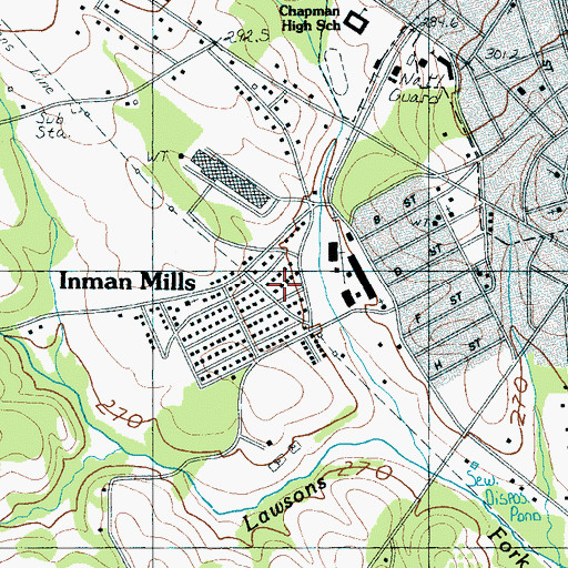 Topographic Map of Inman Mills Census Designated Place, SC