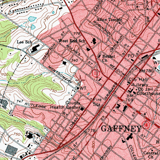 Topographic Map of City of Gaffney, SC