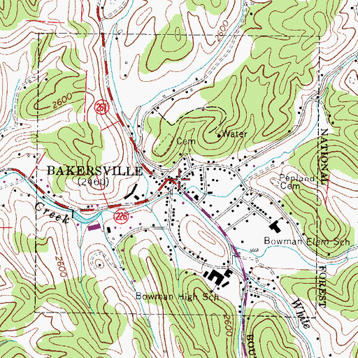 Topographic Map of Town of Bakersville, NC