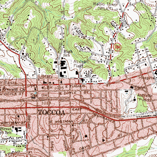 Topographic Map of City of Toccoa, GA