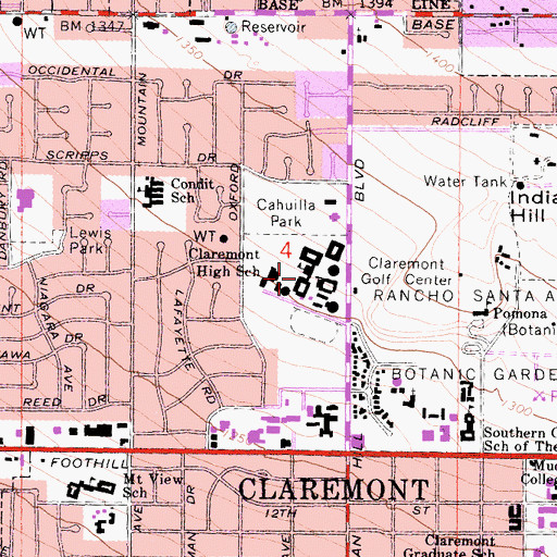 Topographic Map of Claremont High School, CA