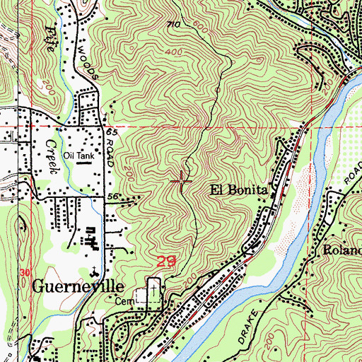 Topographic Map of Guerneville Census Designated Place, CA