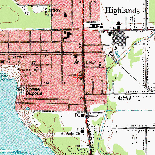 Topographic Map of Highlands Census Designated Place, TX