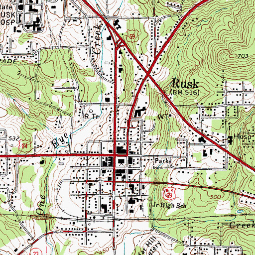 Topographic Map of City of Rusk, TX