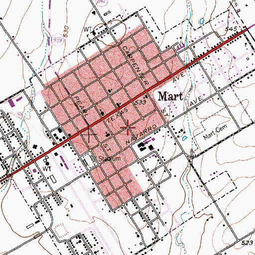 Topographic Map of City of Mart, TX