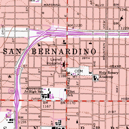 Topographic Map of City of San Bernardino, CA
