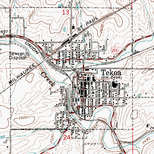 Topographic Map of City of Tekoa, WA