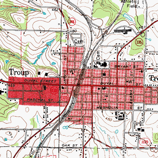 Topographic Map of City of Troup, TX