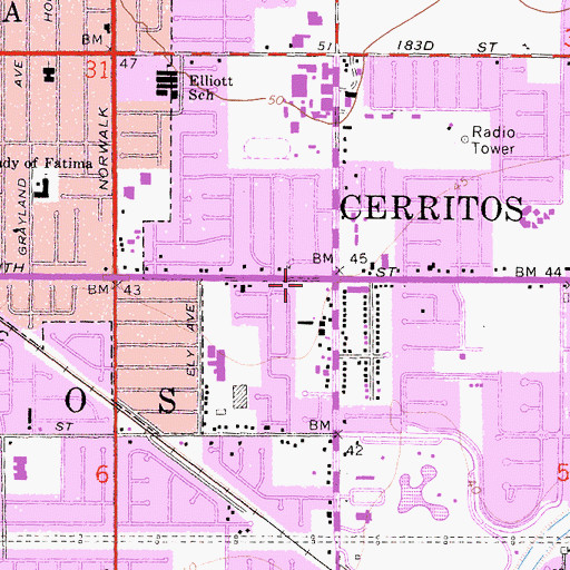 Topographic Map of Cerritos, CA