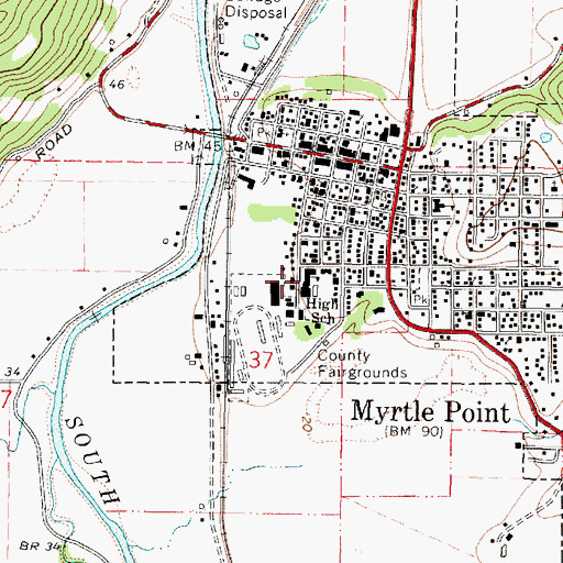 Topographic Map of Myrtle Point High School, OR