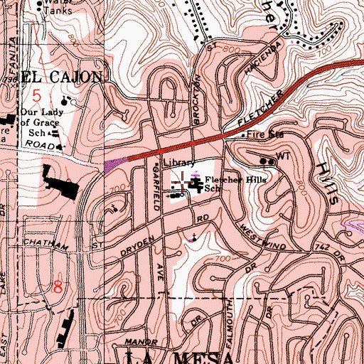 Topographic Map of Fletcher Hills Elementary School, CA