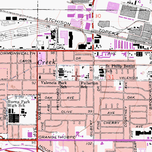 Topographic Map of Fullerton School, CA