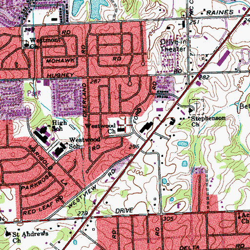 Topographic Map of Mount Vernon Baptist Church of Westwood Kindergarten and Day Care Center, TN