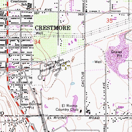 Topographic Map of Green Acres Memorial Gardens, CA