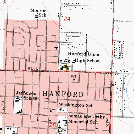 Topographic Map of Hanford High School, CA