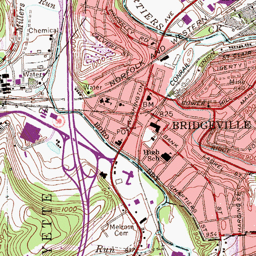 Topographic Map of Bridgeville Post Office, PA