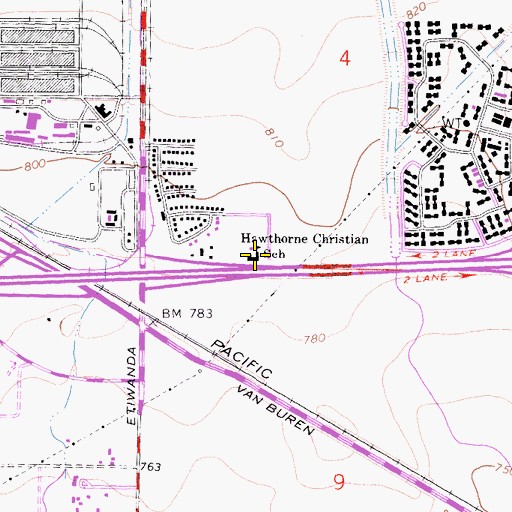 Topographic Map of Hawthorne Christain School, CA