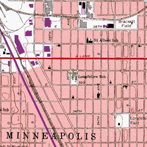 Topographic Map of Broadway Alternative Learning Center at Longfellow, MN