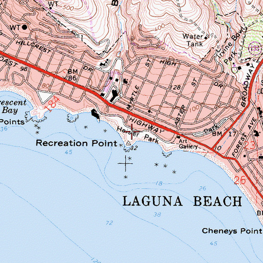 Topographic Map of Heisler Park, CA