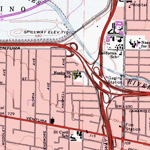 Topographic Map of Hesby Street School, CA