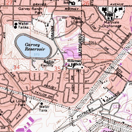 Topographic Map of Hillcrest Elementary School, CA