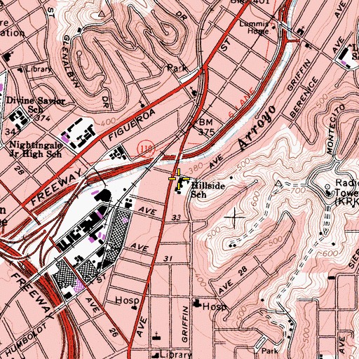 Topographic Map of Hillside Elementary School, CA