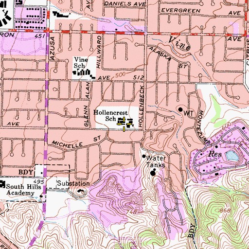 Topographic Map of Hollencrest School, CA