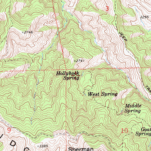 Topographic Map of Hollyhock Spring, CA
