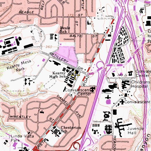 Topographic Map of Kearny Senior High School, CA
