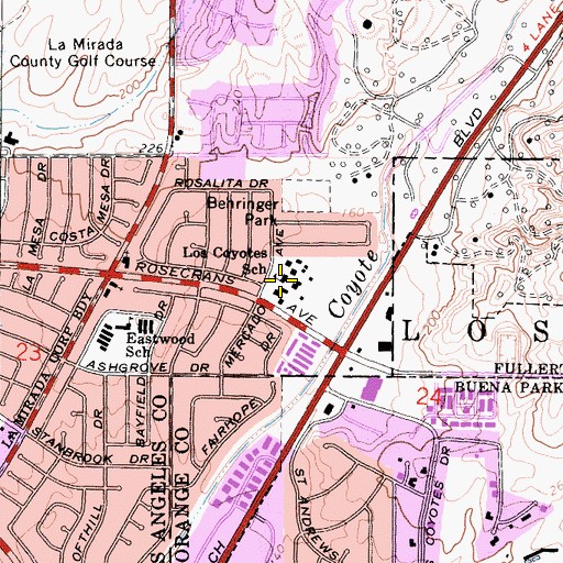 Topographic Map of Los Coyotes Middle School, CA