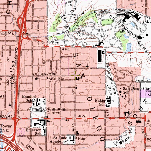 Topographic Map of Fountain of Life Church of San Diego, CA