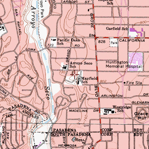 Topographic Map of Mayfield Senior School, CA