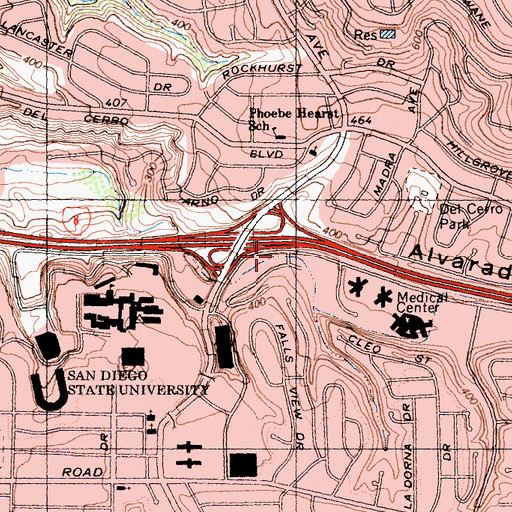 Topographic Map of San Diego State University Villa Alvarado Residence Hall, CA