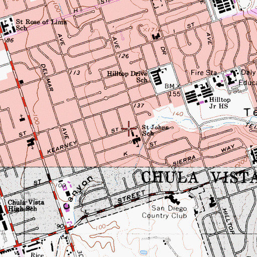 Topographic Map of Saint Johns Episcopal Church of Chula Vista, CA