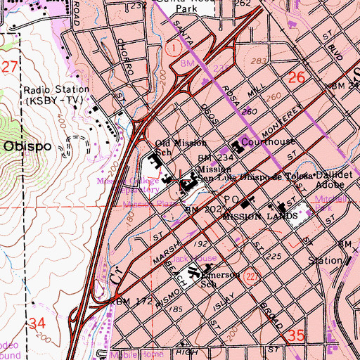 Topographic Map of Mission San Luis Obispo de Tolosa, CA