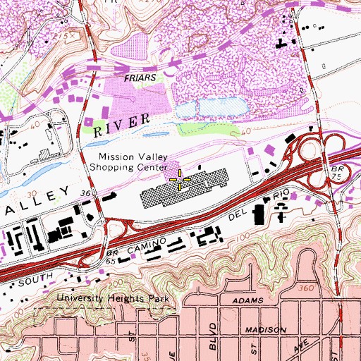 Topographic Map of Mission Valley Shopping Center, CA