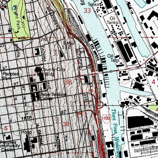 Topographic Map of Downtown Tacoma Post Office, WA