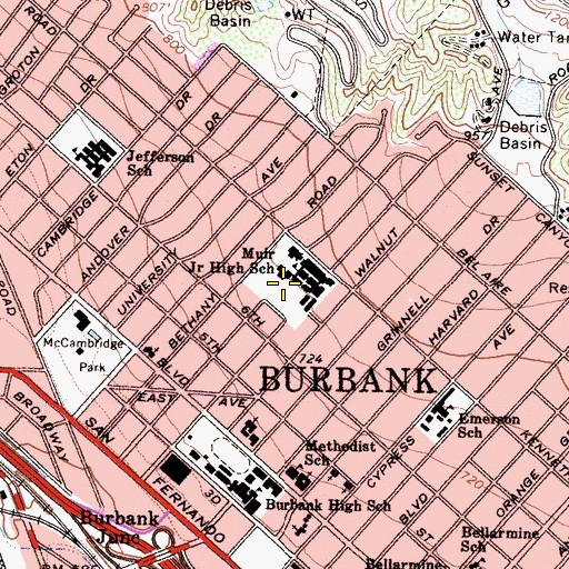 Topographic Map of John Muir Middle School, CA