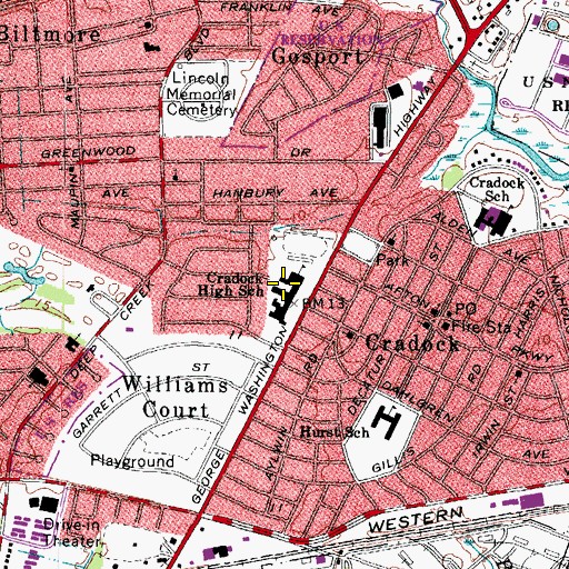 Topographic Map of Cradock Technical and Career Center, VA