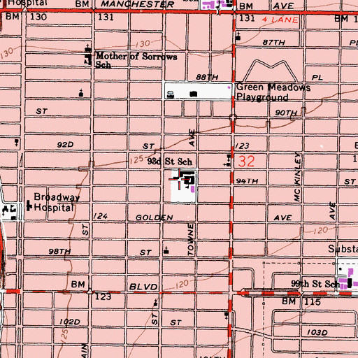 Topographic Map of 93rd Street Elementary School, CA