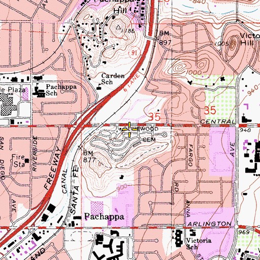Topographic Map of Olivewood Memorial Park, CA
