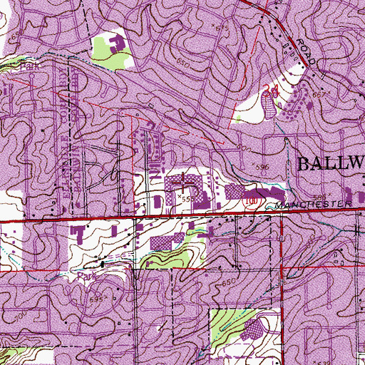 Topographic Map of Ballwin Plaza Shopping Center, MO