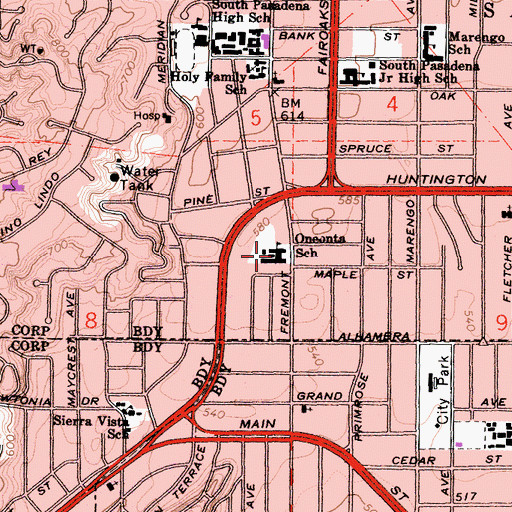 Topographic Map of Oneonta Elementary School, CA