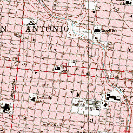Topographic Map of Bazan Branch Library San Antonio City Library, TX