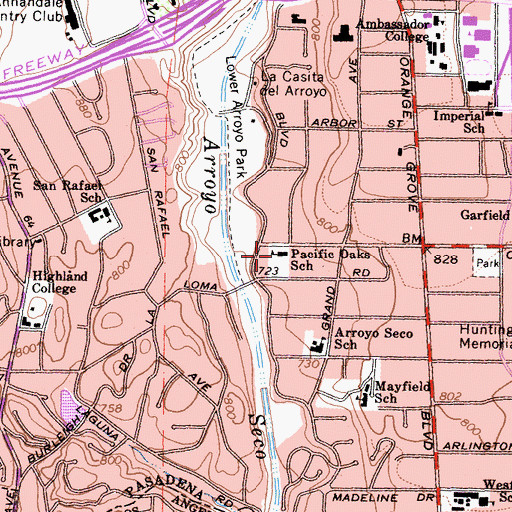 Topographic Map of Pacific Oaks School, CA